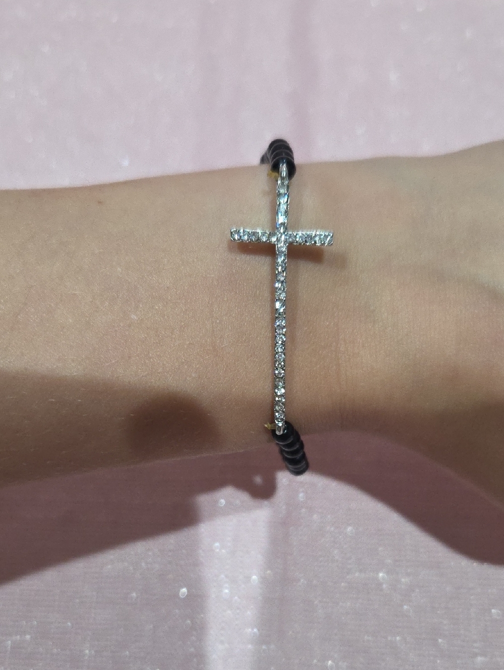 Faux Silver Crystal Cross Bracelet with Black Bead Cord